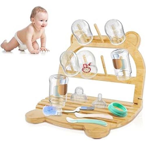Baby Bottle Drying Rack, Foldable High Capacity Bamboo Bottles Holder Organizer Space Saving, Travel Bottle Drying Rack Baby Bottle Rack Dryer Storage Accessories with Anti-Slip Rubber Pad