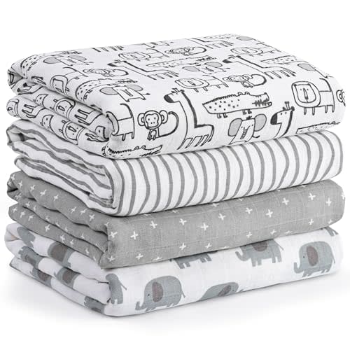 Muslin Swaddle Blankets for Newborn, 4 Pack Cotton Baby Blankets, Large 31.5 x 43.3 inch Breathable Soft Receiving Blanket, Essentials Swaddle Wrap Burping Clothes, Grey Animals