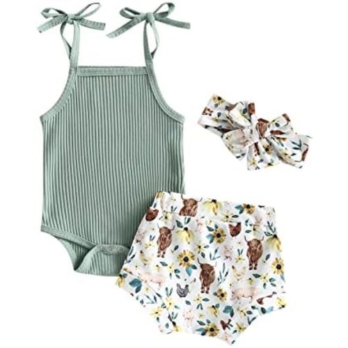 Kuriozud Newborn Infant Baby Girl 2 Piece Summer Outfits Tank Romper Top + Ruffle Bloomer Shorts Set Clothes
