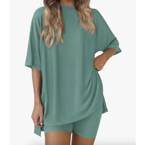 PRETTYGARDEN Women's Two Piece Lounge Set 2025 Summer Casual Oversized Shirts Biker Shorts Matching Airport Travel Outfit