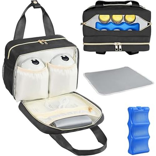 PIIOSER Breastmilk Cooler Bag with Ice Pack, Compatible with Wearable Breast Pumps & Accessories - Portable Pumps Carrying Case for Nursing & Working Moms, Black