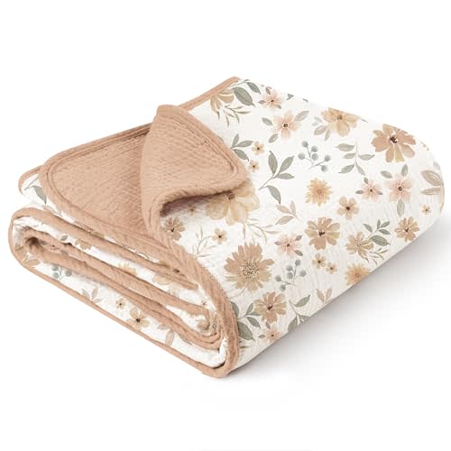 Konssy Muslin Baby Blankets for Girls, 100% Cotton Crib Blanket for Baby Infant Toddler, Super Soft and Lightweight Nursery Blankets 40"x36" (Flourish)