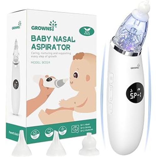 GROWNSY Nasal Aspirator for Baby | Baby Nose Sucker | Electric Nose Suction for Toddler, Ergonomic Booger Sucker with 3 Silicone Tips, Pause & Music & Light Soothing Function