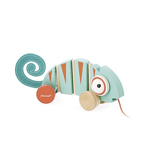 Janod - Tropik Pull-Along Chameleon - Wooden Early-Learning Toy - Silent Wheels - Educational Walking and Balancing Toy - Water-Based Paint - 1 Year + J08264, Green