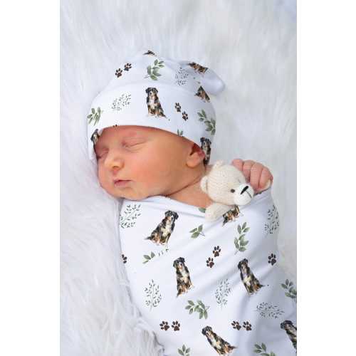 Bernese Mountain Dog Swaddle Custom Baby Boy Girl Personalized Bernese Swaddle Blanket Receiving Blanket Hat Newborn Coming Home | Greenery