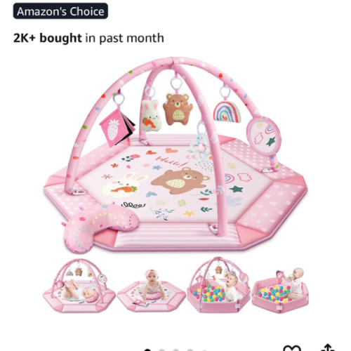 Baby Gym Play Mat, 8-in-1 Tummy Time Mat & Ball Pit with 6 Toys, Washable Baby Activity Mat for Visual, Hearing, Sensory, Motor Development, Babies Gift for Newborn Infant 0-3-6-9-12 Months (Pink)