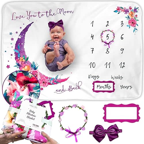 Luka & Lily Baby Milestone Blanket - Ultra Soft Fleece Monthly Milestone Blanket for Baby Girl and Boy - Perfect for Baby's First Year Growth Chart - Monthly Baby Milestone - Pink Moon - 60"x40"