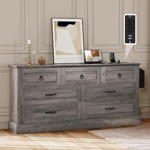 YITAHOME Farmhouse 7 Drawers Dresser for Bedroom, 59" Wide Wood Rustic Chest of Drawers with Nice Texture, Vintage Design, Storage Dressers Organizer for Bedroom, Living Room, Hallway, Grey