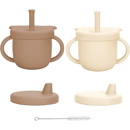 Silicone Baby Sippy Cups, 8.54 Oz 3 Stages Training Cup, Silicone Straw Cup for Infants Toddlers 6-12 Month and Kids 1-3 Year, 2 Colors, Beige+Brown