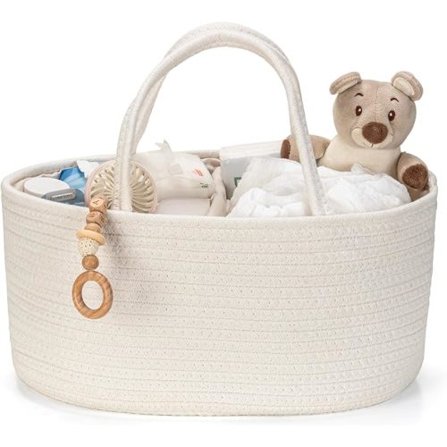 Diaper Caddy Organizer, Baby Storage Basket, Nursery Bin and Car Organizer for Diapers, Gift Basket for Baby Shower List or Newborn Essentials, Boys and Girls - Off White