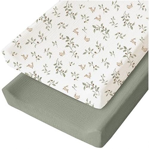 Konssy 2 Pack Muslin Changing Pad Cover for Baby Girls Boys 100% Cotton Fitted Diaper Changing Table Cover Set, Soft Changing Pad Sheets (Rabbit,Fog Green)
