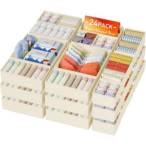 DIMJ Drawer Organizer Clothes 24 Pack - Foldable Baby Organizers and Storage & Dresser Organizer for Bedroom, Closet - Nursery Organization Dresser Dividers for underwear, Sock,Bra, Belt, Tie, Beige