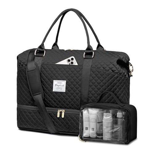 Women Weekender Travel Duffle Bags: Duffel Overnight Bag with Shoe Compartment Toiletry Bag Weekend with Wet Pocket Hospital Bags for Labor and Delivery Black