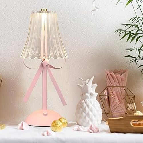 Chunful Bow Lamp for Women Room Coquette Lamp Metal Touch Desk Decor 11.8 Inch Tall Cute Bedside Light with Scallop Skirt Shade Modern Princess Bedroom Nursery Decoration(Pink Crystal)