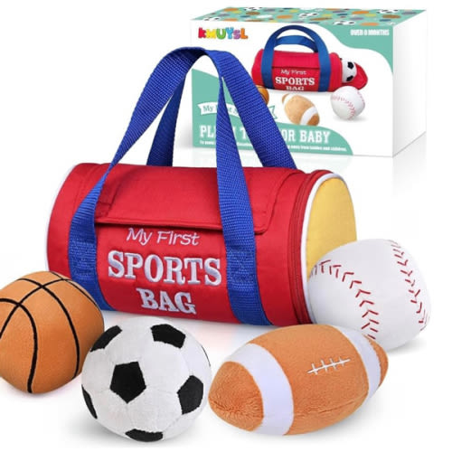 KMUYSL Baby Toys 0-12 Months, My First Sports Bag Plush Toy - 4 Sensory Balls Soft Toys with Crinkle, Rattles for 0-3-6-9-12 Month Newborn Infant, 1st Birthday for Babies Boys Girls Age 1