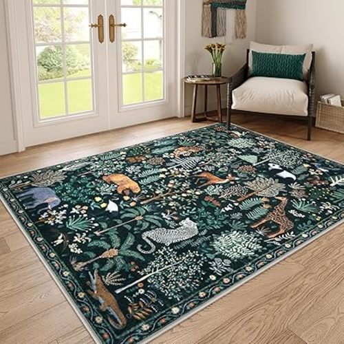 LEEVAN Jungle Print 5x7 Area Rugs Washable, Green Christmas Living Room Non Slip, Low Pile Bedroom Abstract Playroom Area Soft Nursery Dining Room