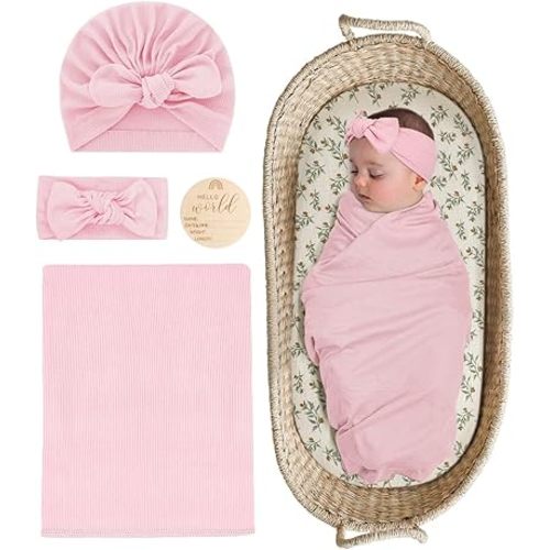 Stretchy Baby Swaddle Blanket and Headband Set, Newborn Receiving Blankets with Matching Hat for Nursery Swaddle Wrap