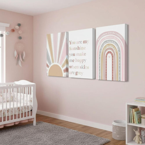 Red Barrel Studio® 3 Pcs Boho Nursery Canvas Wall Art Pink Sweet Rainbow You Are My Sunshine Painting Pictures Wall Decor Poster Print Artwork For Kids Room Girls Bedroom Decoration | Wayfair