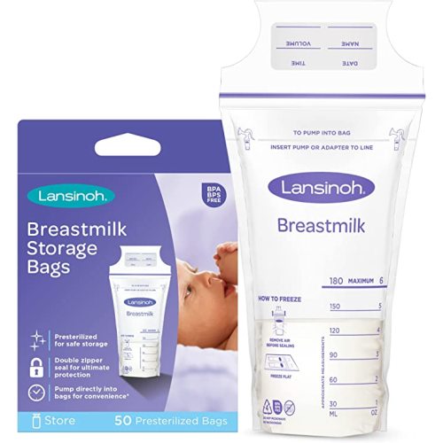 Lansinoh Breastmilk Storage Bags, 50 Count, 6 Ounce, Easy to Use Milk Storage Bags for Breastfeeding, Presterilized, Hygienically Doubled-Sealed, for Refrigeration and Freezing