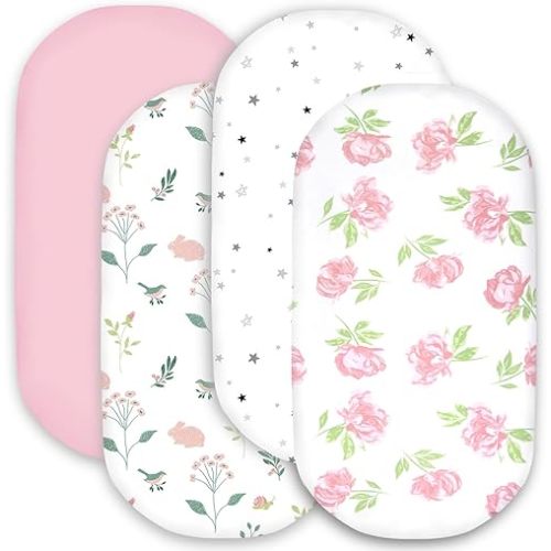 Bimocosy Bassinet Sheet, 4 Pack Bassinet Sheets for Baby Boys Girls, Soft Baby Bassinet Fitted Sheets Neutral for Bassinet Mattress, Size 32 x 16 x 4 Inches, Rose/Rabbits/Stars/Pink