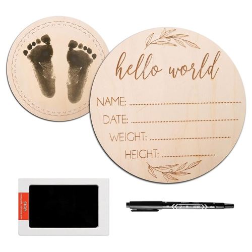 Baby Announcement Sign, 6.7 Inch Birth Announcement Sign for Hospital, Baby Welcome Sign, Hello World Newborn Sign, Comes with Marker Pen and Ink Pad for Baby Hand and Footprints and Text Writing