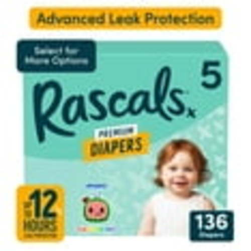 Rascals Premium Absorbent Baby Diapers Size 5, 136 Count (Select for More Options)
