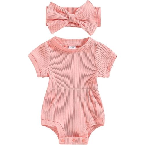 FOMOYUU Newborn Baby Girl Clothes Summer Short Sleeve Jumpsuit Romper with Bow Headband Knit Ribbed Outfits