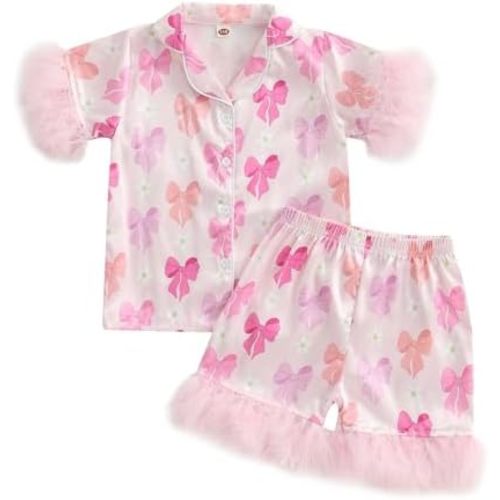 DuAnyozu Baby Girl Pjs Kids Feather Trim Short Sleeve Shirt Shorts Satin Pajama Set 4th of July Spring Little Girls Clothes