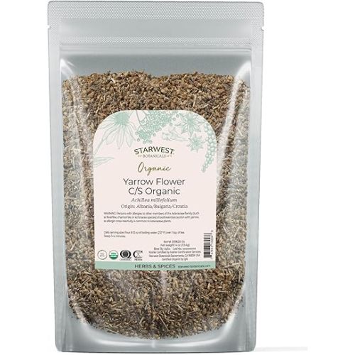 Starwest Botanicals Organic Yarrow Flowers - Dried Loose Leaf Herb for Tea, Cut & Sifted, Certified Kosher, Non-GMO - 4 oz Bag