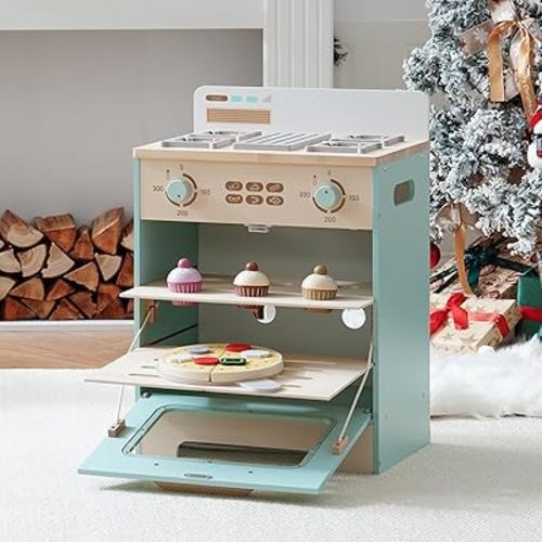 ROBOTIME Wooden Toy Kitchen Oven Playset, Montessori Pretend Play Kitchen Accessories with Pizza and Cupcakes Food Toys, Wooden Pizza Oven Set Toys for Toddlers & Kids