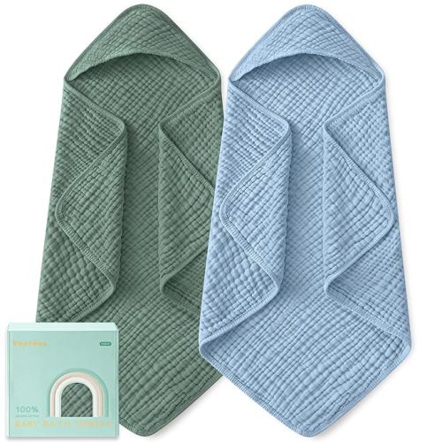 Yoofoss Hooded Baby Towels for Newborn 2 Pack 100% Muslin Organic Cotton Baby Bath Towel with Hood for Babies, Infant, Toddler and Kids, 32x32Inch, Soft and Absorbent Newborn Essential,Blue&Green