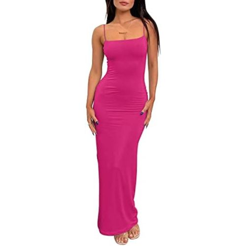 LILLUSORY Womens Summer Casual Slip Dresses Spaghetti Strap Double Lined Bodycon Maxi Dress