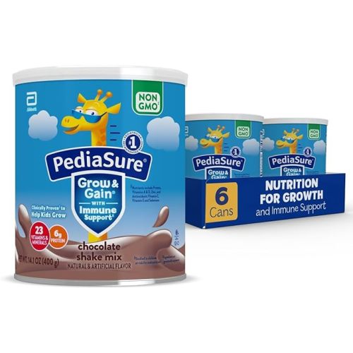 PediaSure Grow & Gain With Immune Support Shake Mix Powder, 23 Vitamins & Minerals, 6g Protein, Helps Kids Catch Up On Growth, Non-GMO, Gluten-Free, Chocolate, 14.1 oz Can, Pack of 6