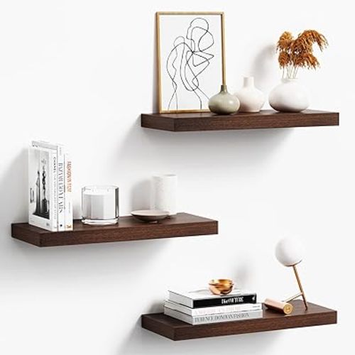 Floating Shelves for Wall, Walnut Wood Wall Shelf Set of 3, 16" Wall Mounted Floating Shelf for Kitchen, Living Room, Bedroom, Bathroom Storage, Book Shelf for Walls Home Decor, Frame Display