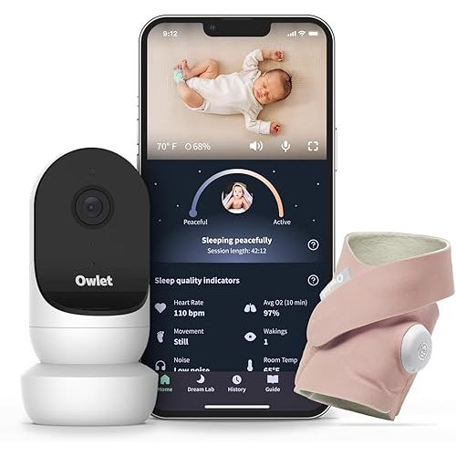 Owlet Dream Duo 2 Smart Baby Monitor - 1080p HD Video Baby Monitor with Dream Sock - Baby Foot Monitor and Sensor Tracks Heartbeat and Oxygen Levels in Infants and Newborns, Rose