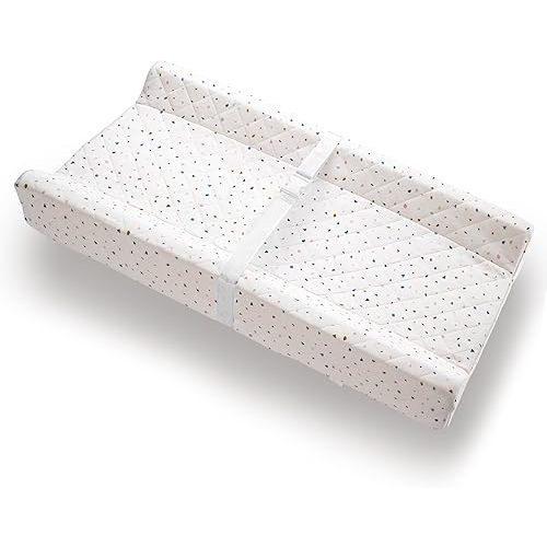 Organic Cotton Contoured Baby Changing Pad w/Waterproof Foam Mattress, Includes Soft, Removable & Washable Cover, Safety Strap, Non-Slip Bottom, Topper for Standard Size Infant Diaper Table & Dresser