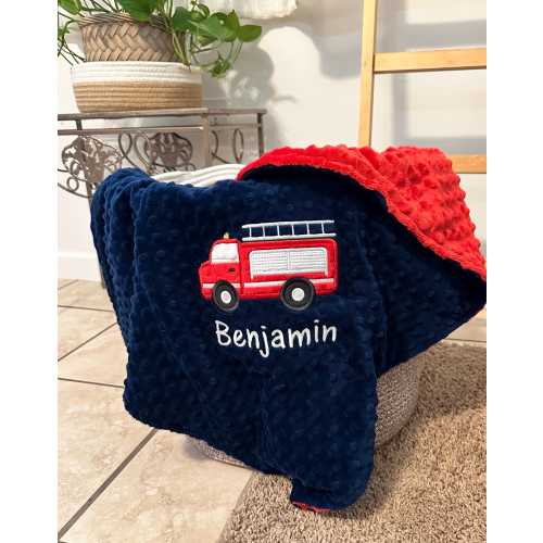 Personalized Firetruck Baby Blanket | Handmade Baby Gift |  Firefighter  | Firetruck Embroidery for Baby | Fire Engine Red