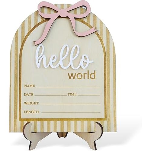 Baby Announcement Sign Pink Bow, 6.5 Inch Wooden Hello World Newborn Welcome Sign Birth Baby Name Plaques for Photo Props Baby Shower Hospital Nursery