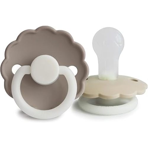 FRIGG Daisy Night SilkySoft Silicone Baby Pacifier | Made in Denmark | BPA-Free (Portobello/Croissant, 0-6 Months)