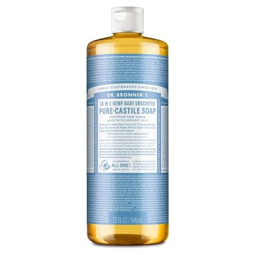 Dr. Bronner's - Pure-Castile Liquid Soap (Baby Unscented, 32 Ounce) - Made with Organic Oils, 18-in-1 Uses: Face, Hair, Laundry, Dishes, For Sensitive Skin, Babies, No Added Fragrance, Vegan, Non-GMO - 32 Fl Oz (Pack of 1)