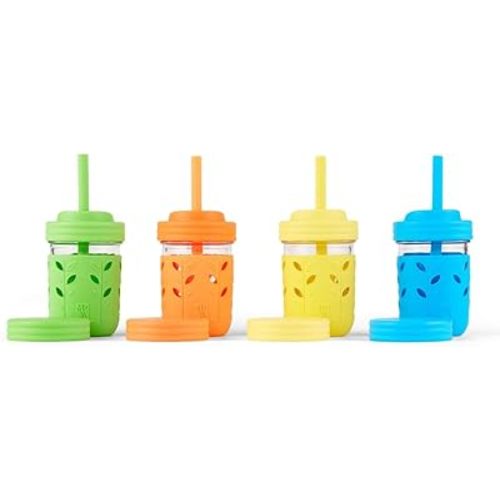 Elk and Friends Kids & Toddler Cups | The Original Glass Mason jars 8 oz with Silicone Sleeves & Silicone Straws with Stoppers | Smoothie Cups | Spill Proof Sippy Cups for Toddlers