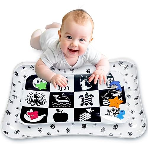 Newborn Infant Tummy Time Water Play Mat – Black and White High Contrast Water Mat for Baby, Girls or Boys - Promotes Core Strength and Motor Skills, Portable Montessori Toys for Babies 1-9 Months