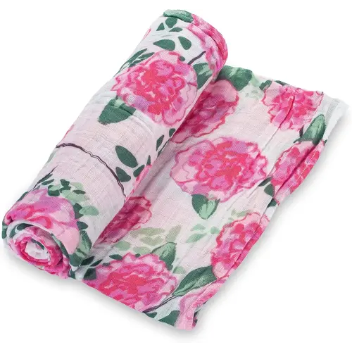 LollyBanks Muslin Swaddle Blanket | 100% Cotton | Newborn and Infant Blanket | Large 47 x 47 inches for Girls | Light Weight and Breathable | Peony Flower Print