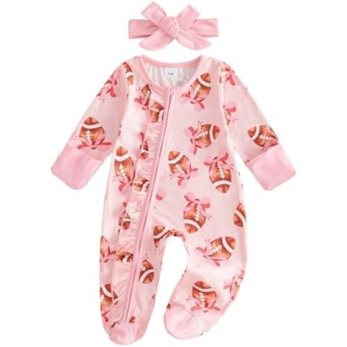 Newborn Baby Girl Football Outfit Football Print Long Sleeve Zipper Footed Romper Fall Baby Girl Clothes