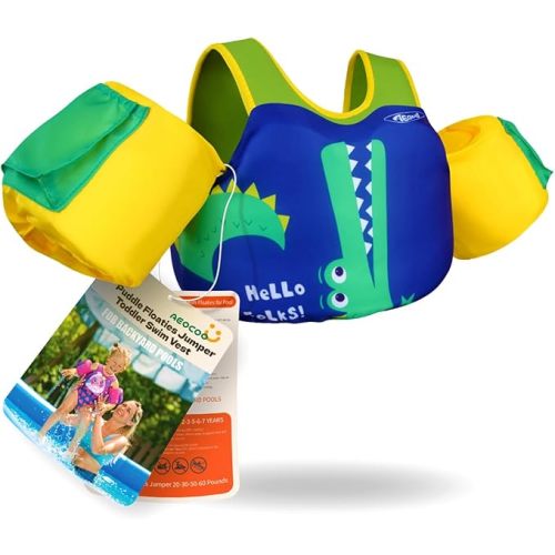 Puddle Float Jumper 20-30-50-60-70 Pounds, Toddler Swim Vest for 1-3-5-6-9 Years Old, Pool Floats with Swimming Arm Floaties Swim Jacket & Water Wings for Kids Swimmies, Boys, Girls, Niños