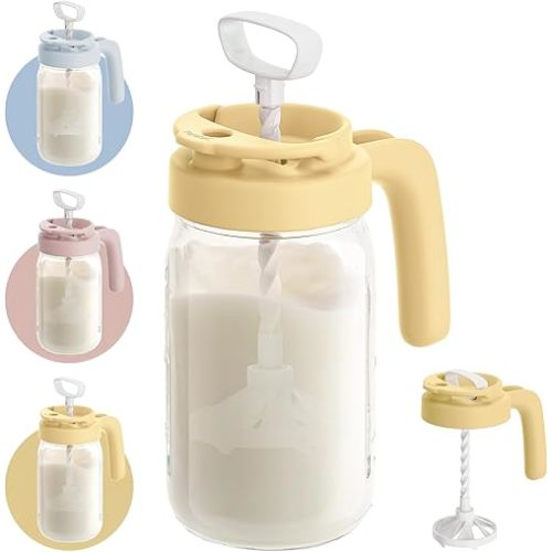 Papablic Glass Breastmilk Pitcher, Formula Mixing Pitcher with Mixing Handle Lid, Wide Mouth Mason Jar Mixer with Flip Locking Spout, Easy to Clean, BPA Free, Yellow