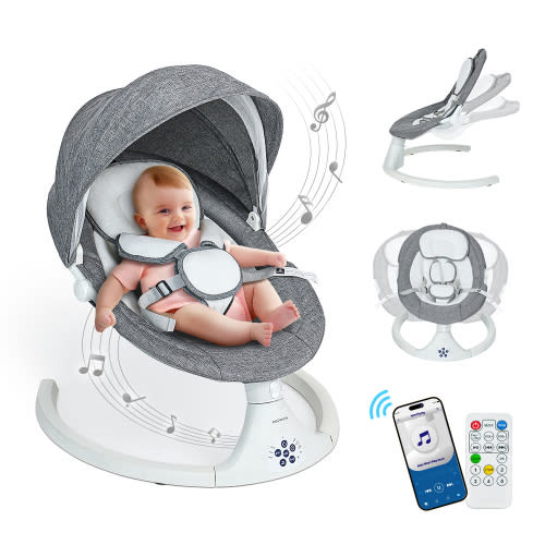 Baby Swing for Infants, Caveen Electric Bluetooth Baby Rocker, 5 Swing Speeds, 3 Seat Positions, Adapter & Battery Operated, Gray