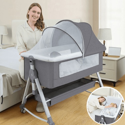 HENG Co. 5-in-1 Foldable Baby Bassinet with Changing Table, Adjustable Height Bedside Crib for Infants, Gray, for 0-24 Months