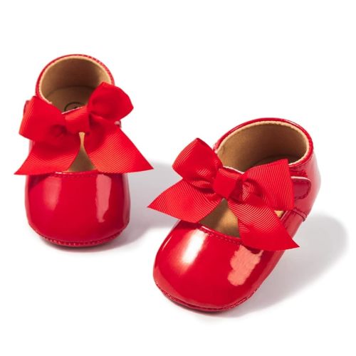 Baby Mary Jane Flats for Girls with Bowknot Cotton Anti Skid Sole Infant First Walker Princess Dress Crib Wedding Shoes