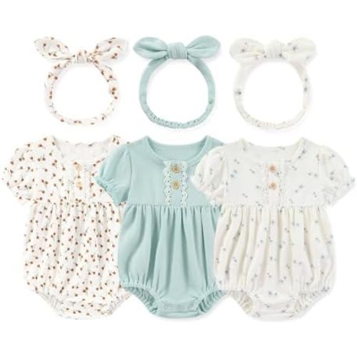 Newborn Baby Girl Clothes Cotton Bubble Romper Floral Short Sleeve Bodysuit 3 Pack